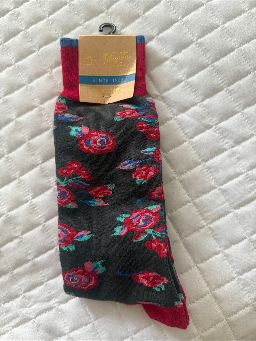 Original Penguin Black Crew Socks with Red Rose Motif